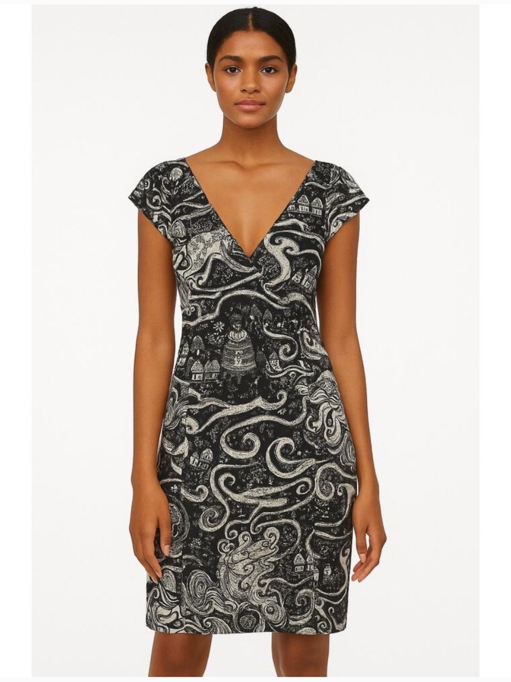 Anthropologie Moulinette Soeurs Black & White Paisley V-Neck Sheath Dress